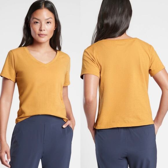 ATHLETA Women's Organic Daily Crop V Neck Tee T Shirt NWT XL Tuscan Gold - Picture 1 of 13